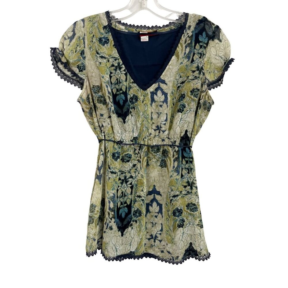 Anthropologie Tapemeasure‎ Green & Blue Floral Paisley Babydoll Top Y2K Size 4